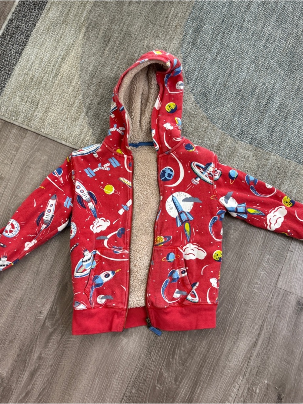 Mini Boden Boys Hoodie Jacket Space Rockets Fleece Lined Red 6-7Y